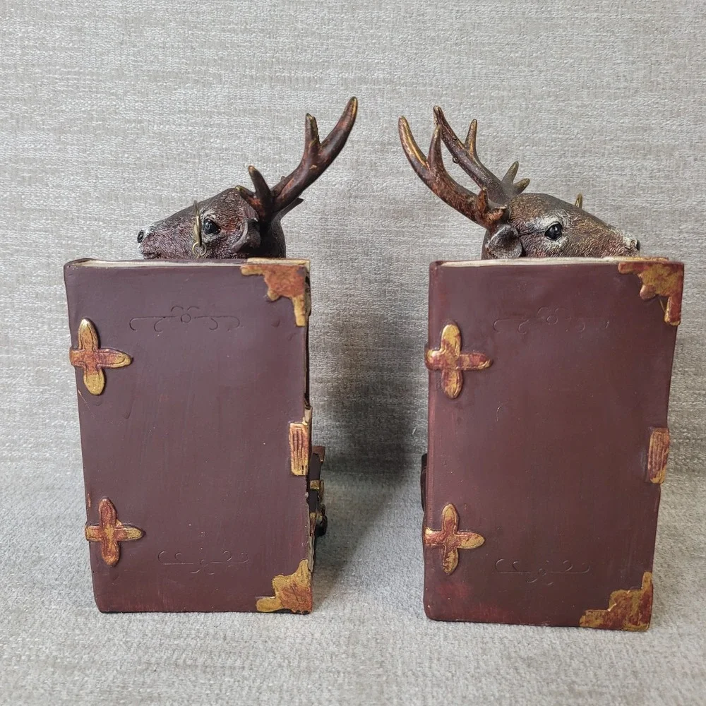 Noble Bookend Set of 2 Stag Deer Busts in Uniform with Monocle Glass Whimsy